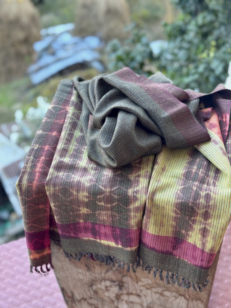 Image of Yellow greenish shibori dyed pure wool stole