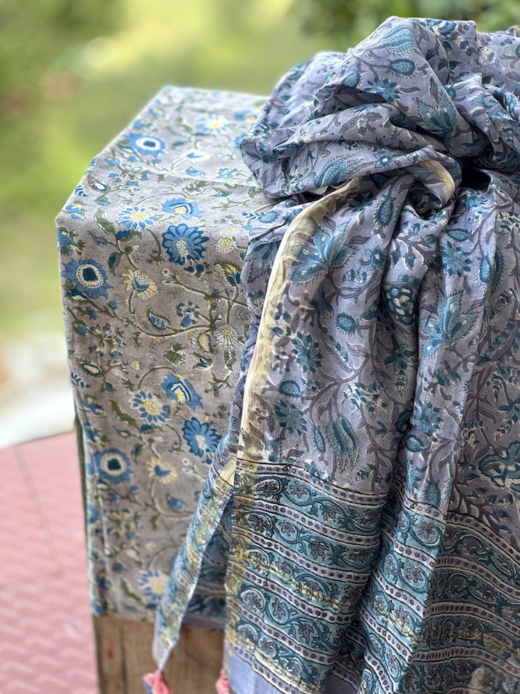 Grey chanderi kurta dupatta set