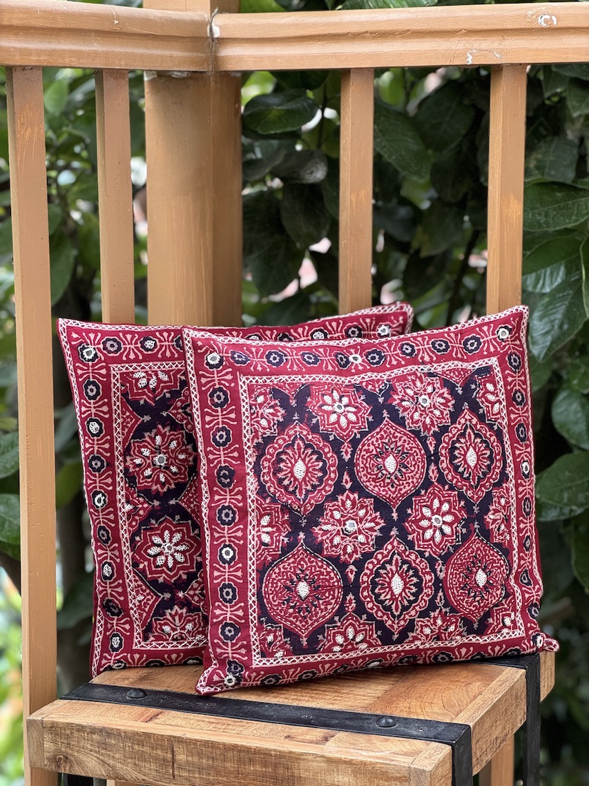Maroon hand embroidered ajrakh printed cushion covers - set of 2