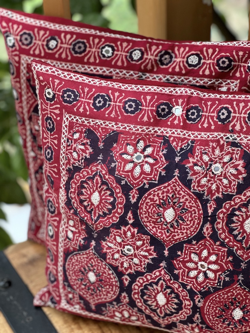 Maroon hand embroidered ajrakh printed cushion covers - set of 2