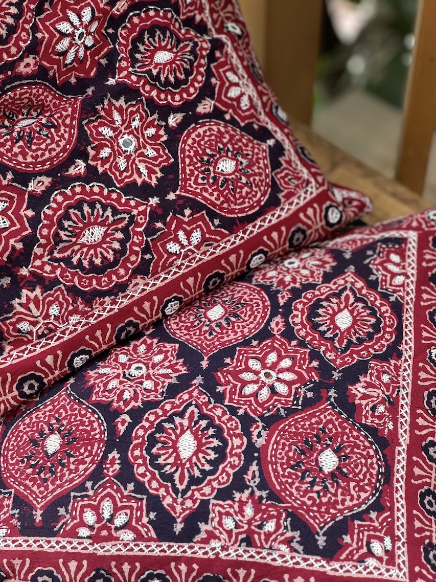 Maroon hand embroidered ajrakh printed cushion covers - set of 2