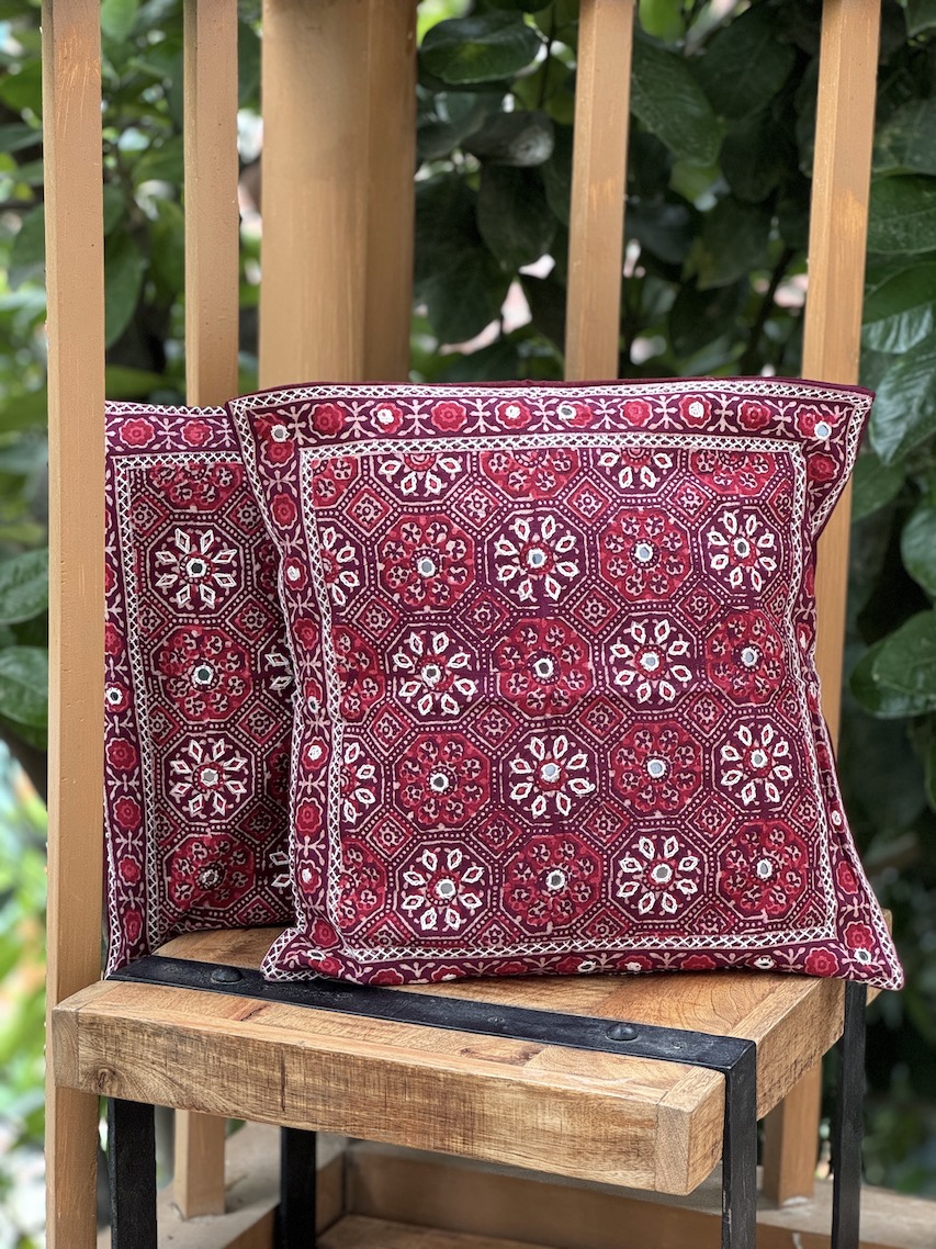 Maroon hand embroidered ajrakh printed cushion covers - set of 2