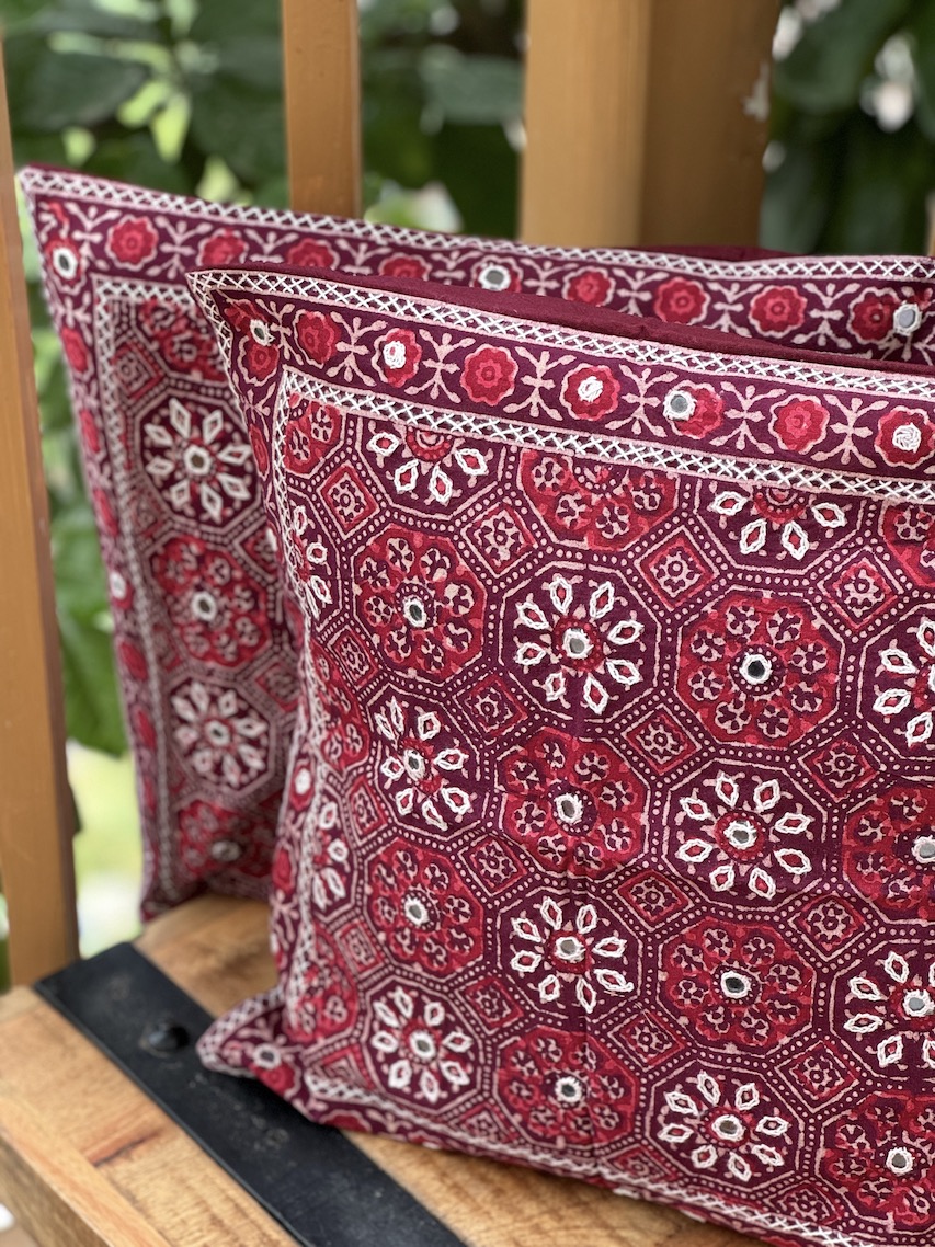 Maroon hand embroidered ajrakh printed cushion covers - set of 2