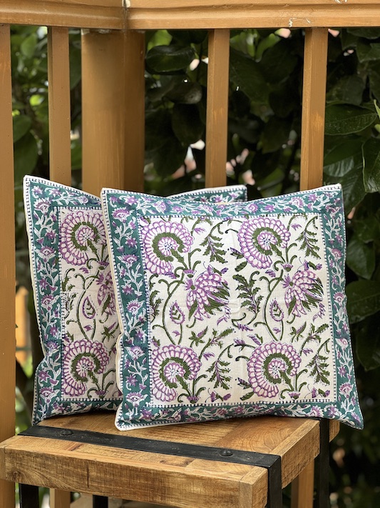 Ivory floral block printed cushion covers - set of 2