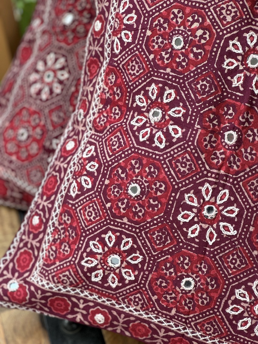 Maroon hand embroidered ajrakh printed cushion covers - set of 2