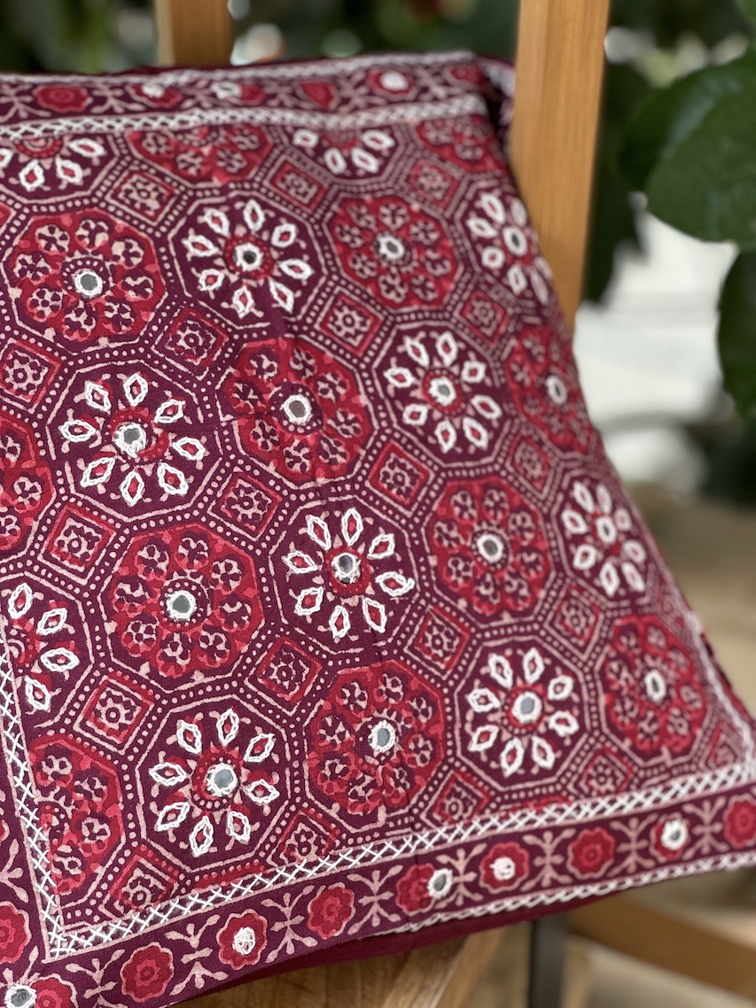 Maroon hand embroidered ajrakh printed cushion covers - set of 2