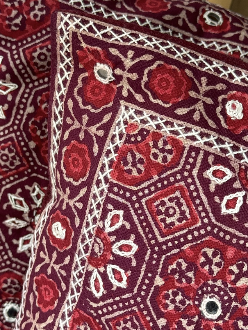 Maroon hand embroidered ajrakh printed cushion covers - set of 2