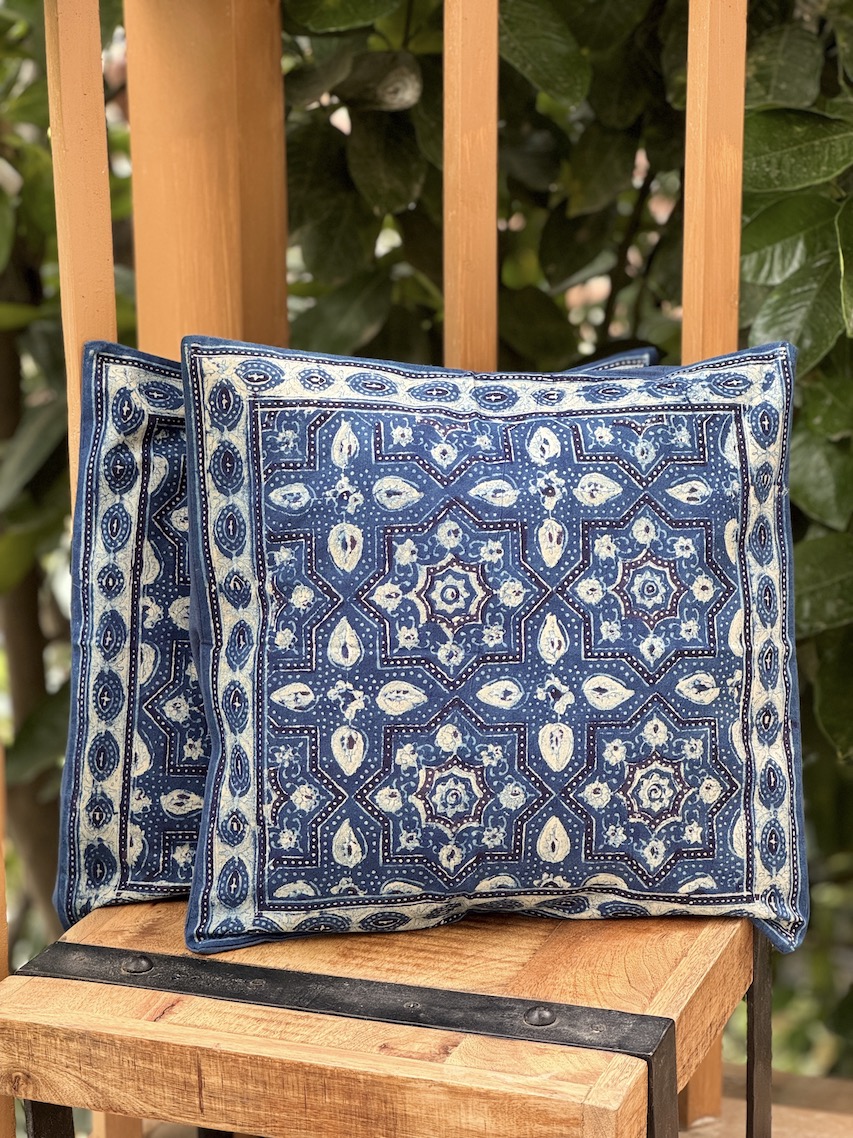 Indigo ajrakh printed cushion covers - set of 2
