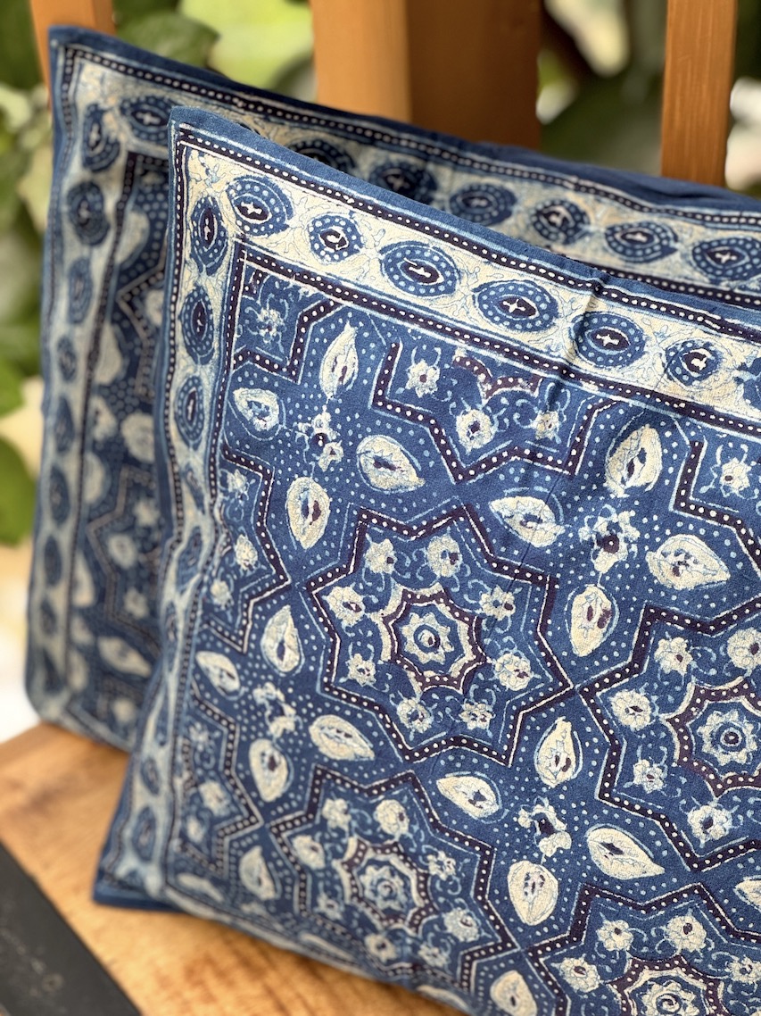 Indigo ajrakh printed cushion covers - set of 2