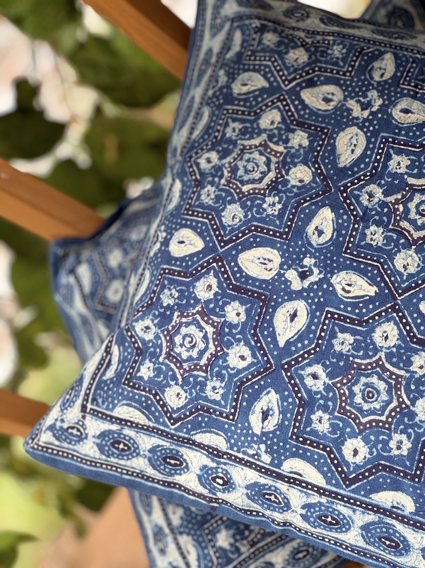 Indigo ajrakh printed cushion covers - set of 2