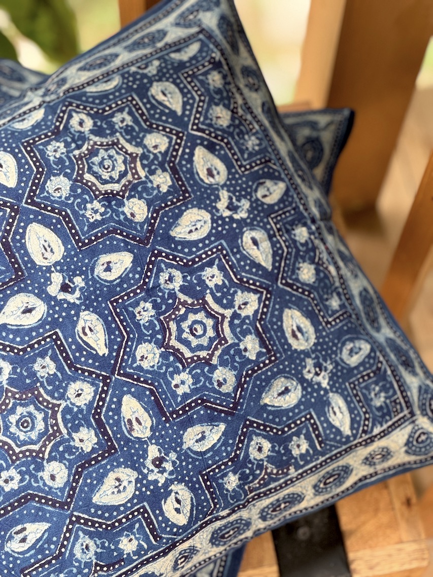 Indigo ajrakh printed cushion covers - set of 2