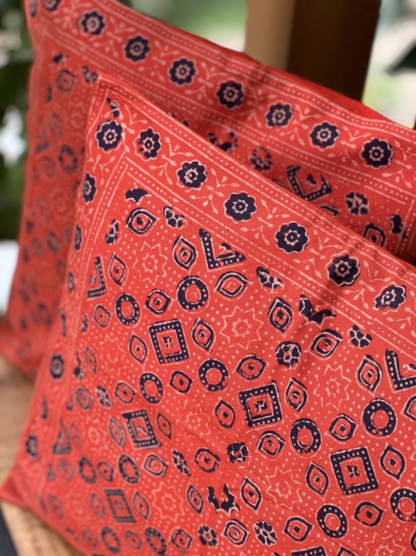Orange ajrakh printed cushion covers - set of 2