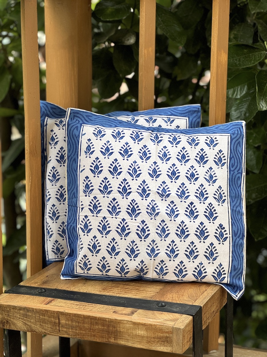 Ivory blue booti block printed cushion covers - set of 2