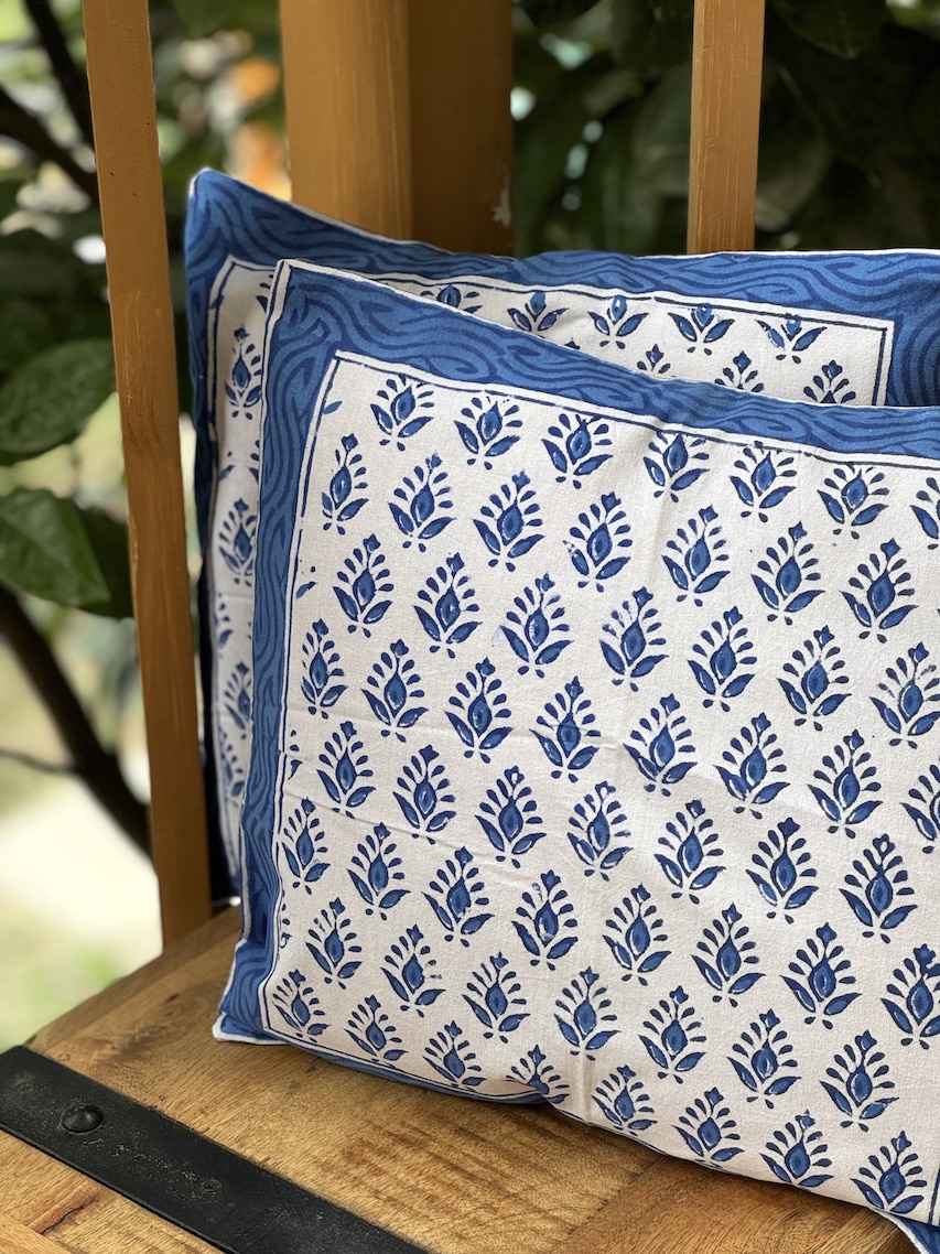 Ivory blue booti block printed cushion covers - set of 2