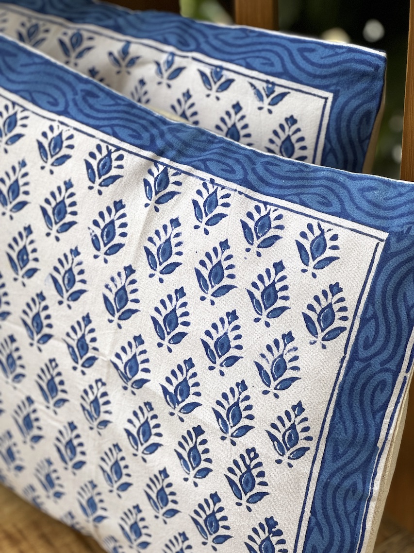 Ivory blue booti block printed cushion covers - set of 2