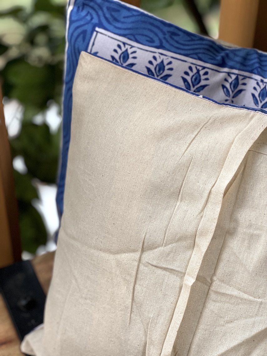 Ivory blue booti block printed cushion covers - set of 2