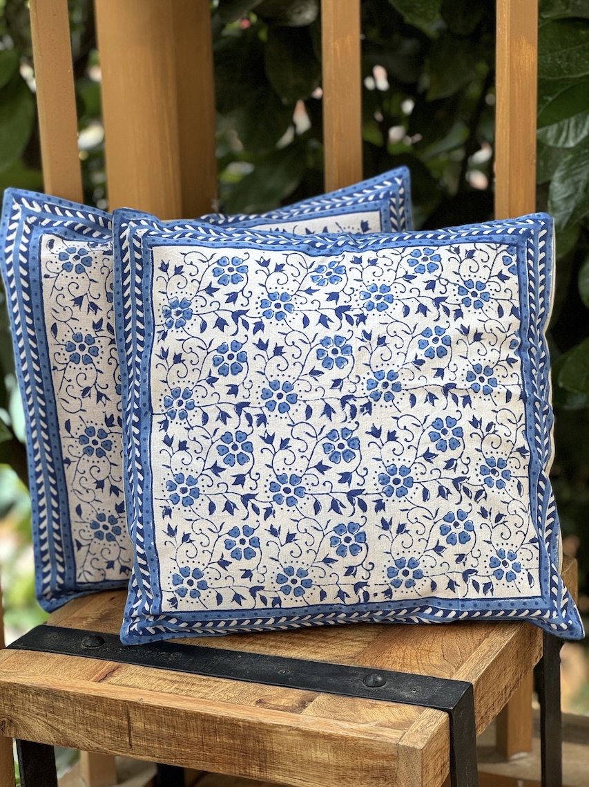 Ivory floral block printed cushion covers - set of 2