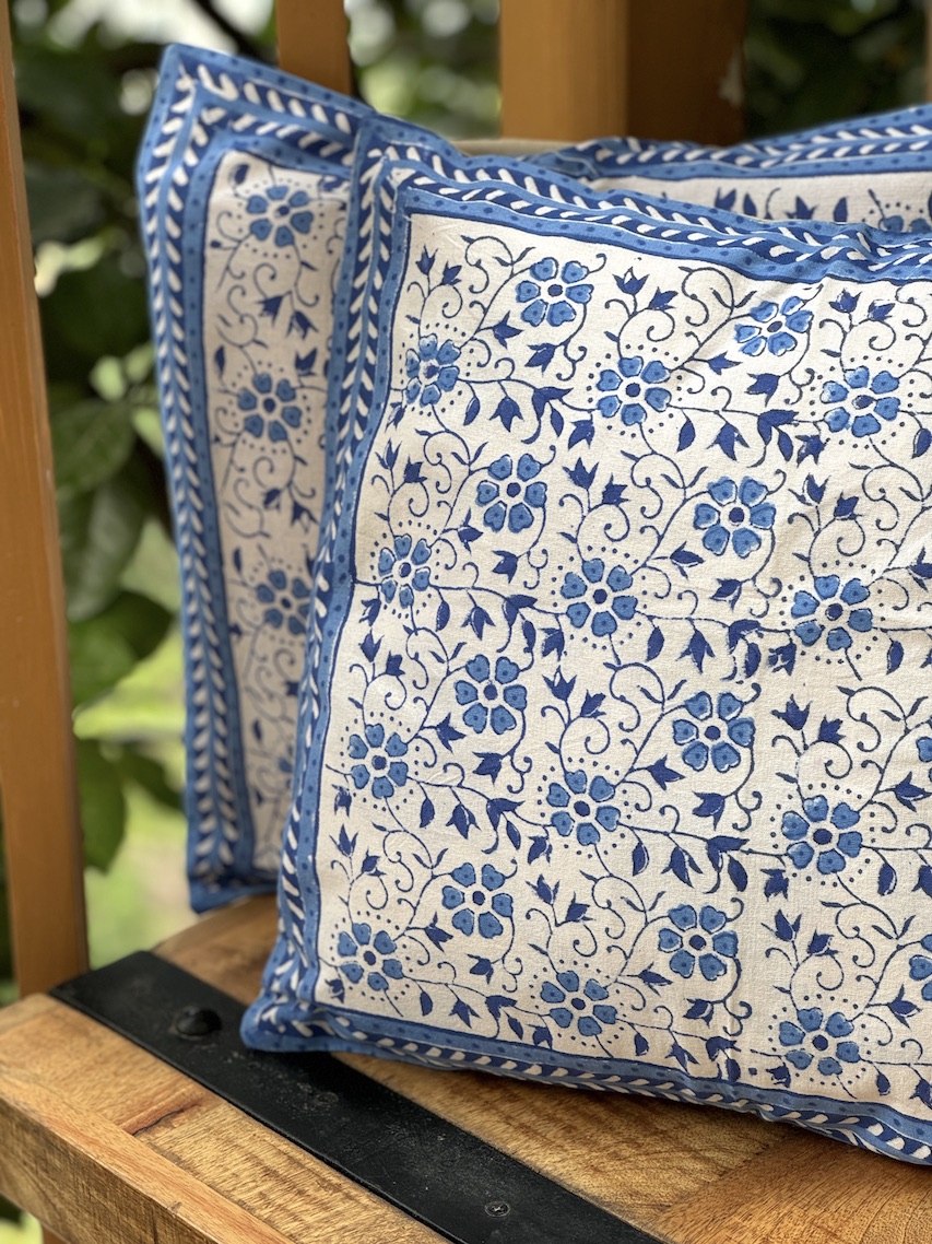 Ivory floral block printed cushion covers - set of 2