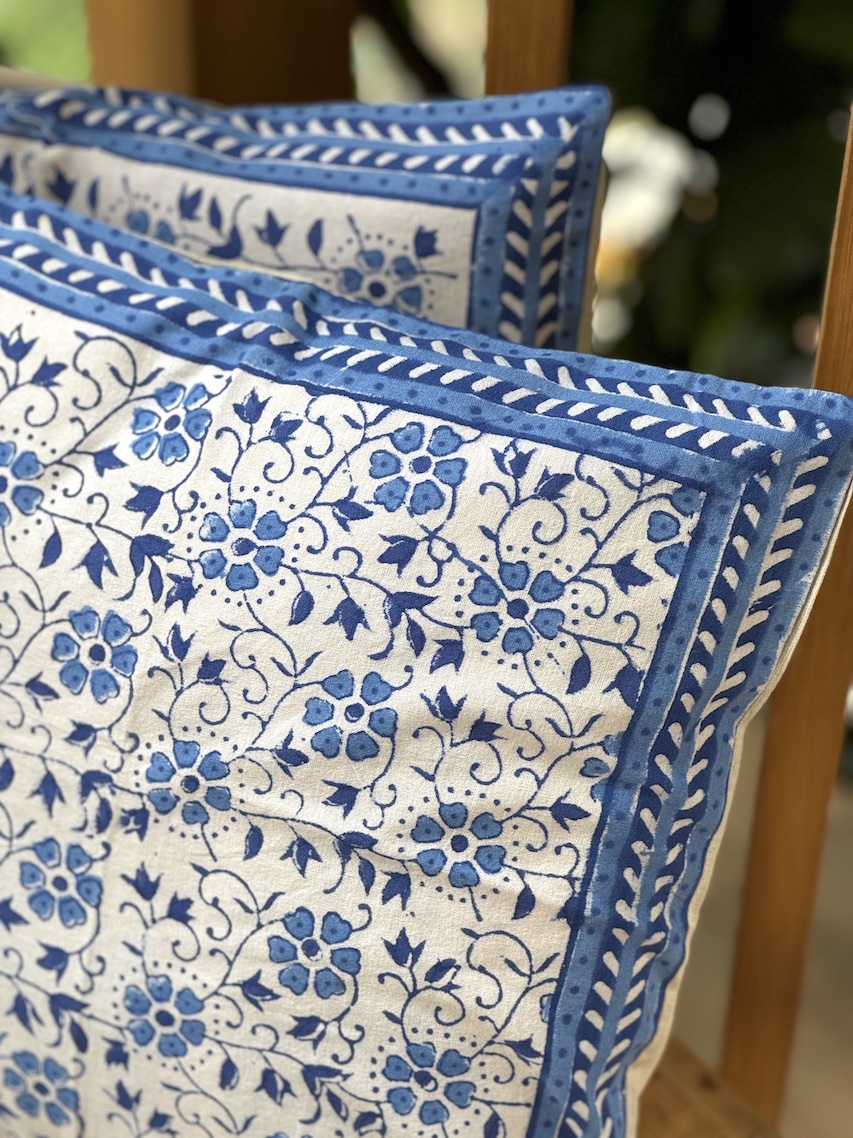 Ivory floral block printed cushion covers - set of 2