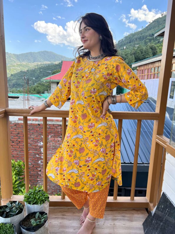 Yellow jungle block printed regular fit kurta