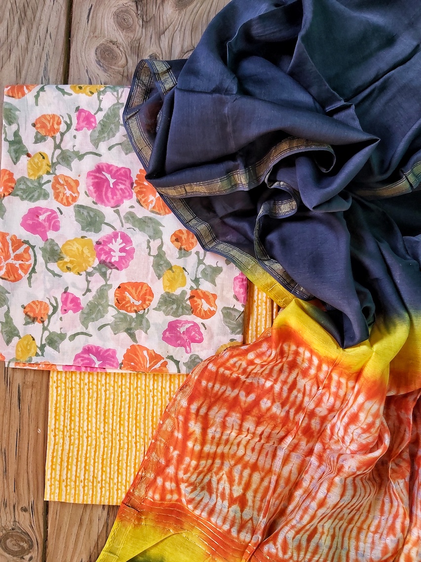 Cotton suit with shibori chanderi silk dupatta 1