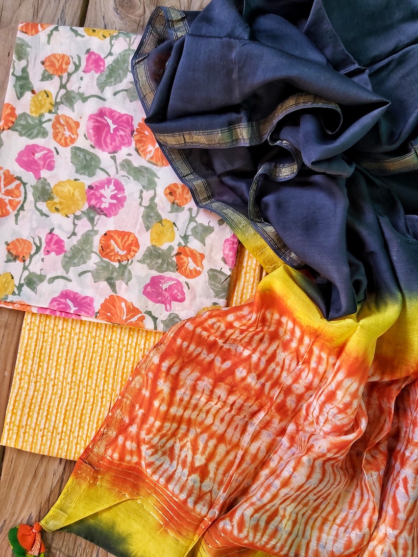 Cotton suit with shibori chanderi silk dupatta 1