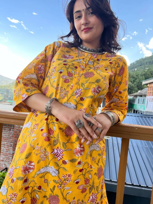Yellow jungle block printed regular fit kurta