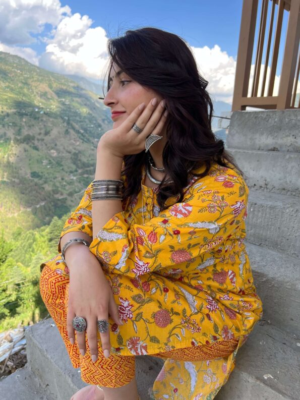 Yellow jungle block printed regular fit kurta