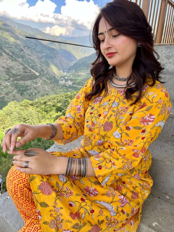 Yellow jungle block printed regular fit kurta