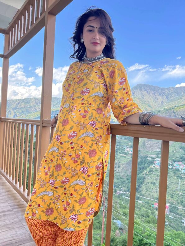 Yellow jungle block printed regular fit kurta
