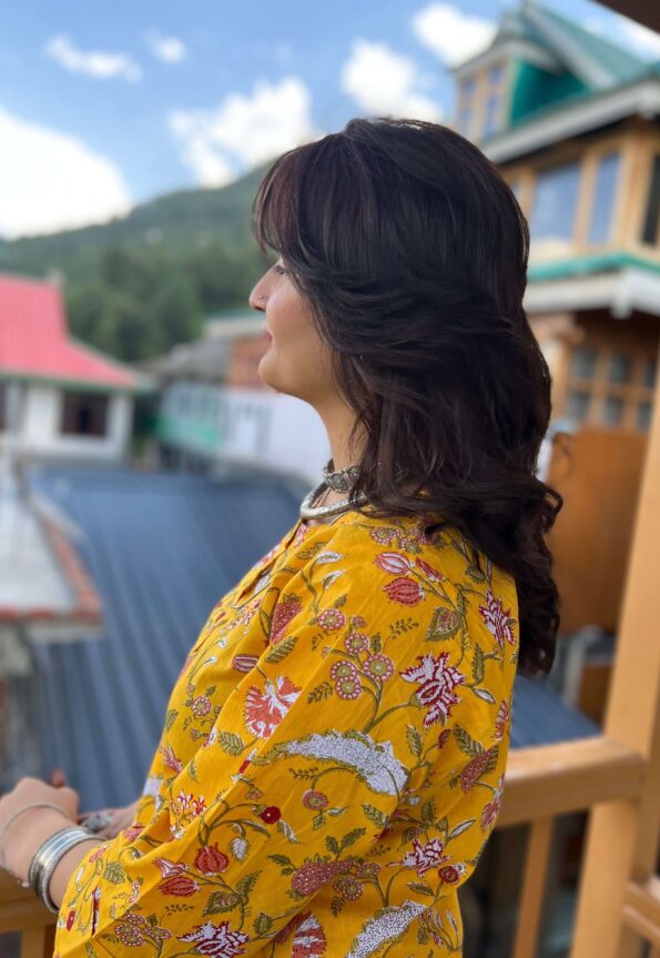 Yellow jungle block printed regular fit kurta