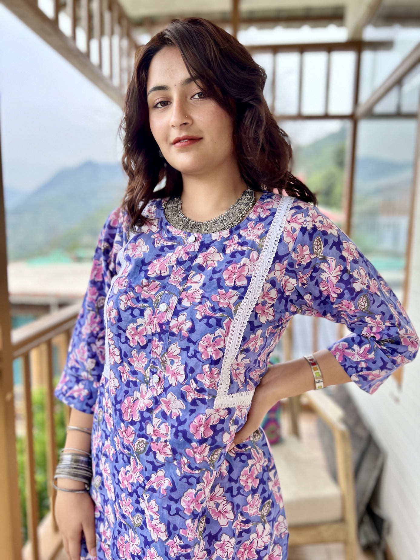 Lavender block printed regular fit kurta