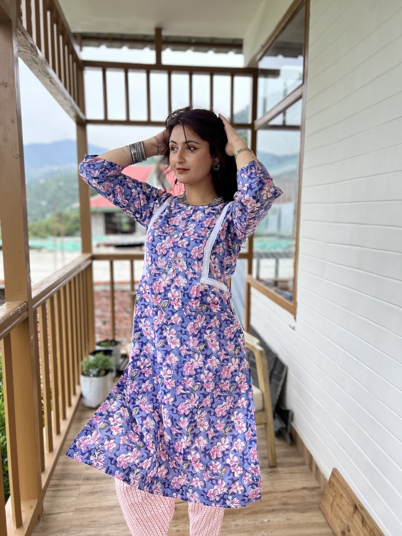 Lavender block printed regular fit kurta