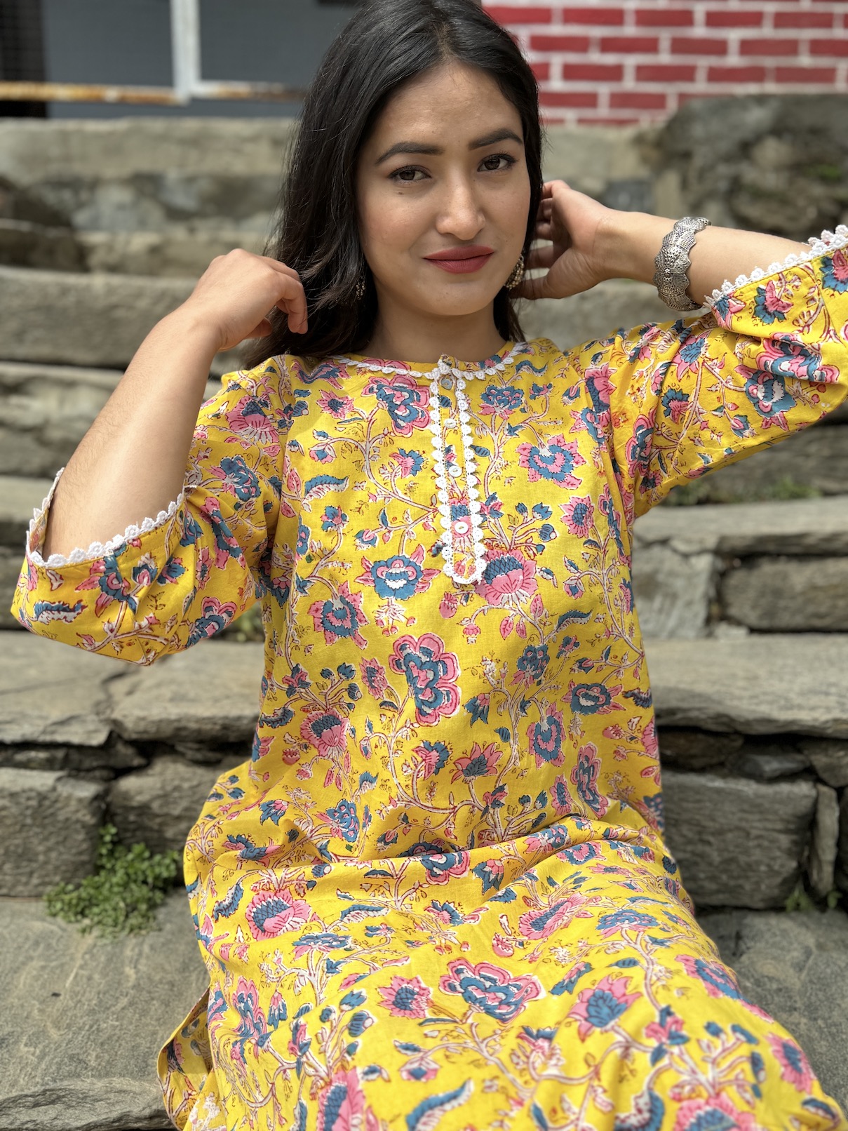 Yellow floral relaxed fit kurta