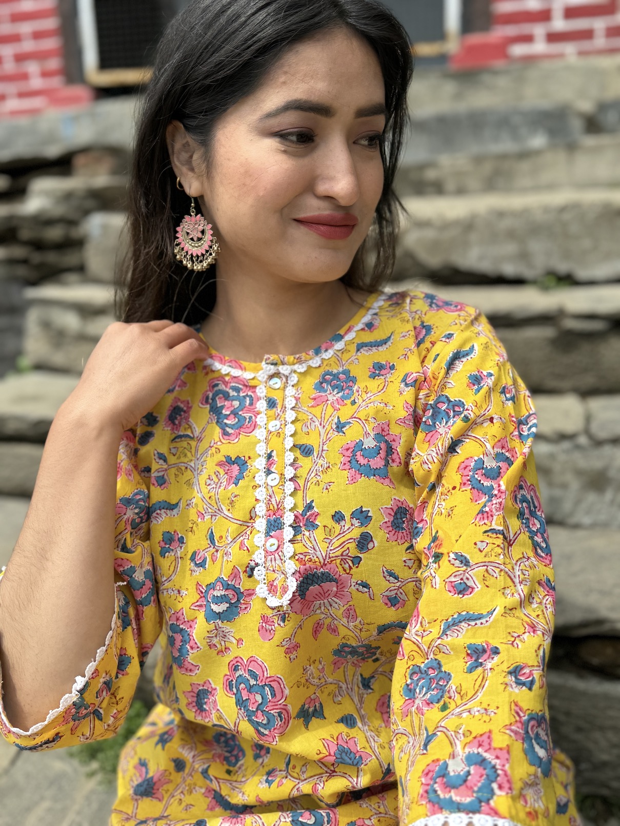Yellow floral relaxed fit kurta