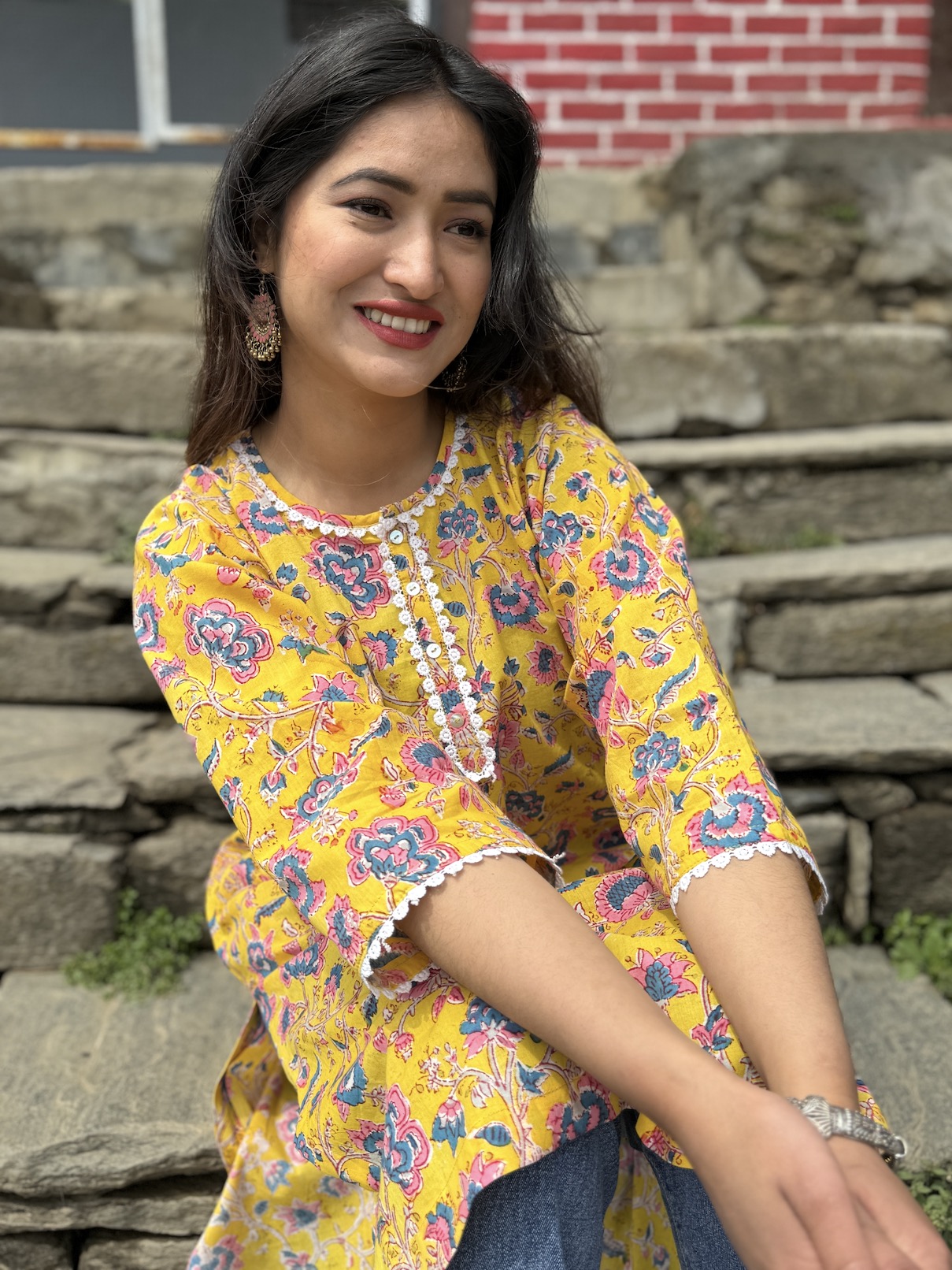Yellow floral relaxed fit kurta