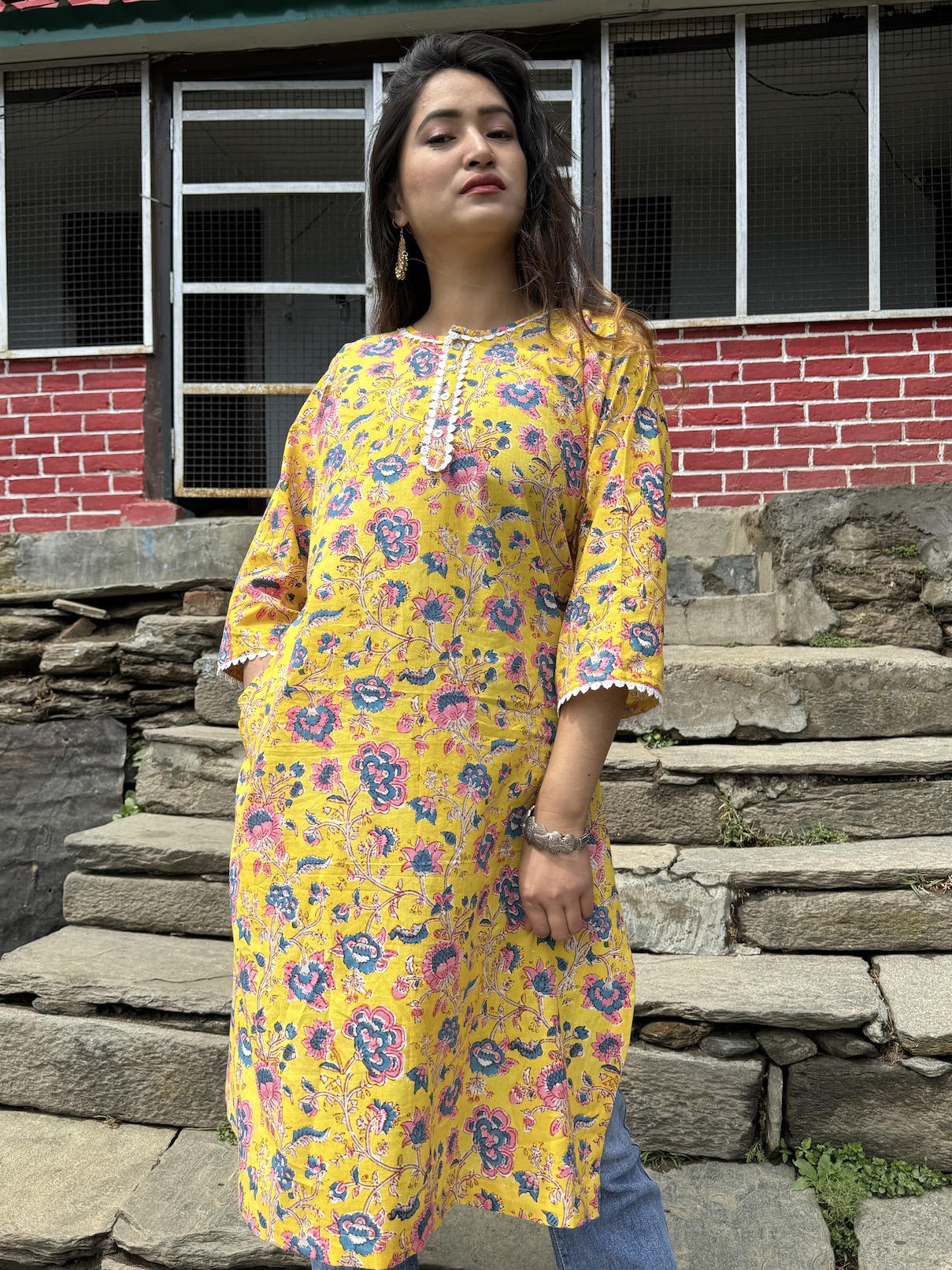Yellow floral relaxed fit kurta