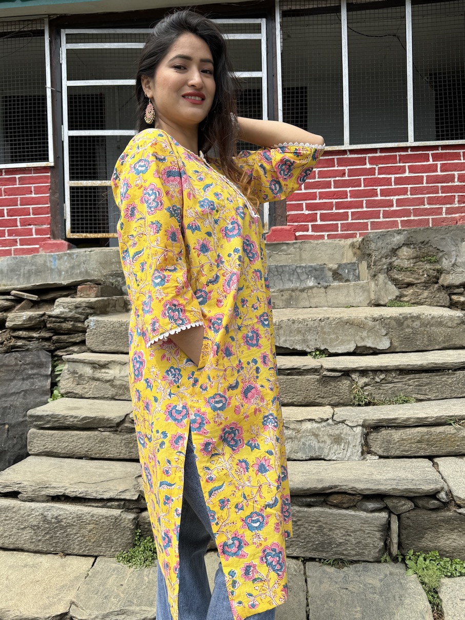 Yellow floral relaxed fit kurta