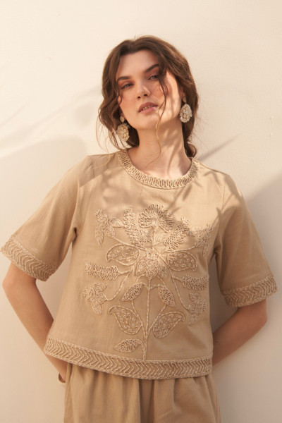 Hand-Embroidered Elbow Sleeve Top