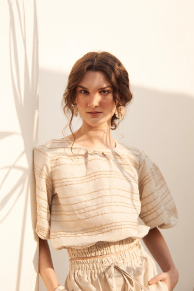 Summer Striped Embroidered Jute Top
