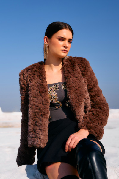 Ash Brown Faux Fur Crop Jacket