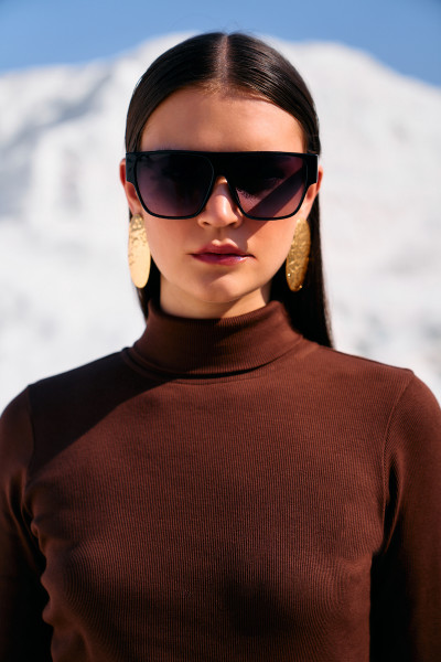 Brown Ribbed Turtleneck Midi Dress