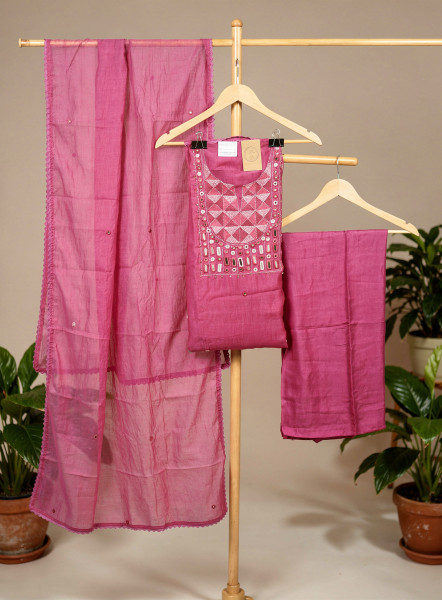 Image of Mal Chanderi with Real Mirror Work and hand kantha work