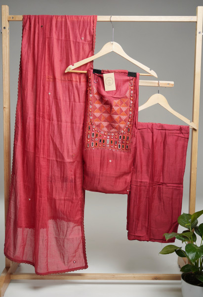 Image of Mal Chanderi with Real Mirror Work and hand kantha work