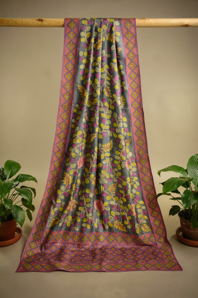 Image of Regal Tussar Kalamkari with Gujarati Heritage Embroidery