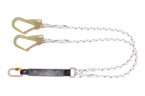 Forked Lanyard - PN112 with energy absorber PN300 at one end and two steel scaffold hooks PN131N at other ends SKU PN351N Length 20 Meter