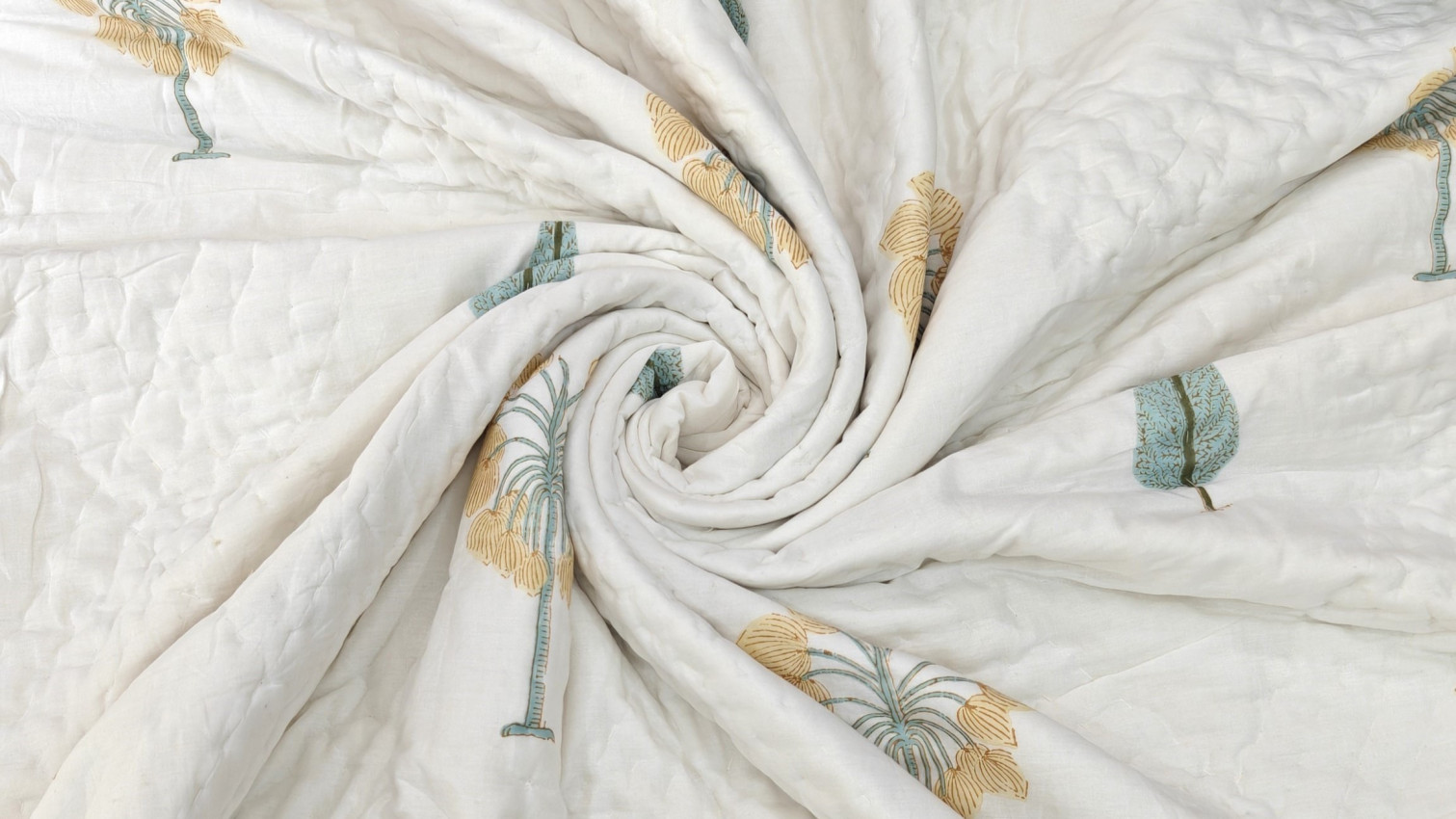 Authentic Jaipuri razai in white mulmul cotton with hand block print floral motifs