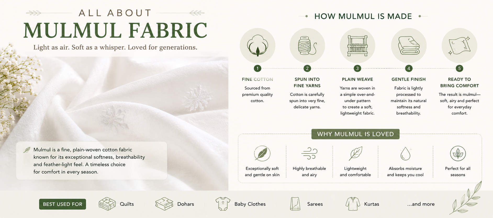 "Infographic showing how mulmul fabric is made and why it is valued for its softness, breathability, and use in quilts, dohars, baby clothes, and summer bedding."