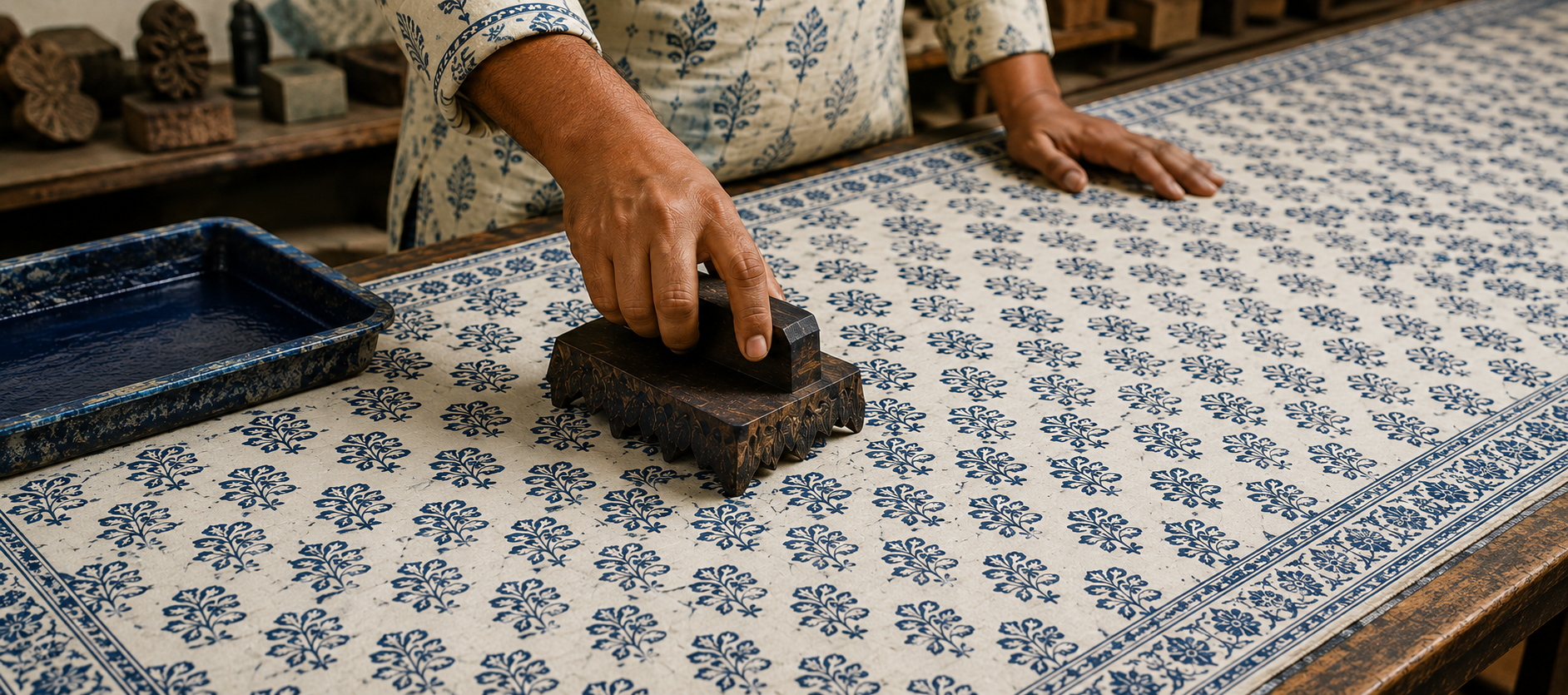 Hand block printing process showing an artisan using a carved wooden block to print floral designs on cotton fabric, highlighting traditional Indian textile craftsmanship."