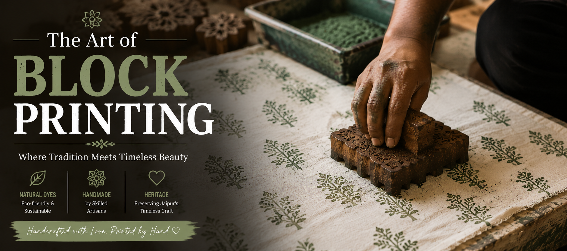 Artisan hand block printing traditional Jaipuri floral pattern on white fabric using carved wooden block